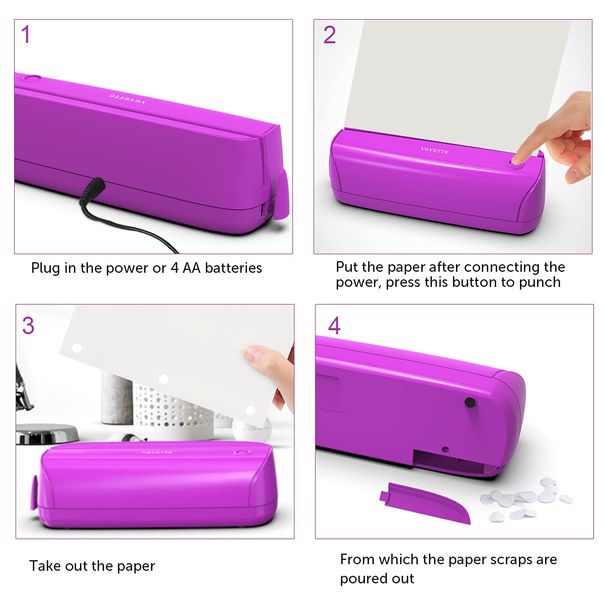 Elektrischer Papierstanzer mit 3 Löchern, mit Adapter für Büro, Schule, Studio, 20 Blatt Kapazität, AC oder Batterie, Violett