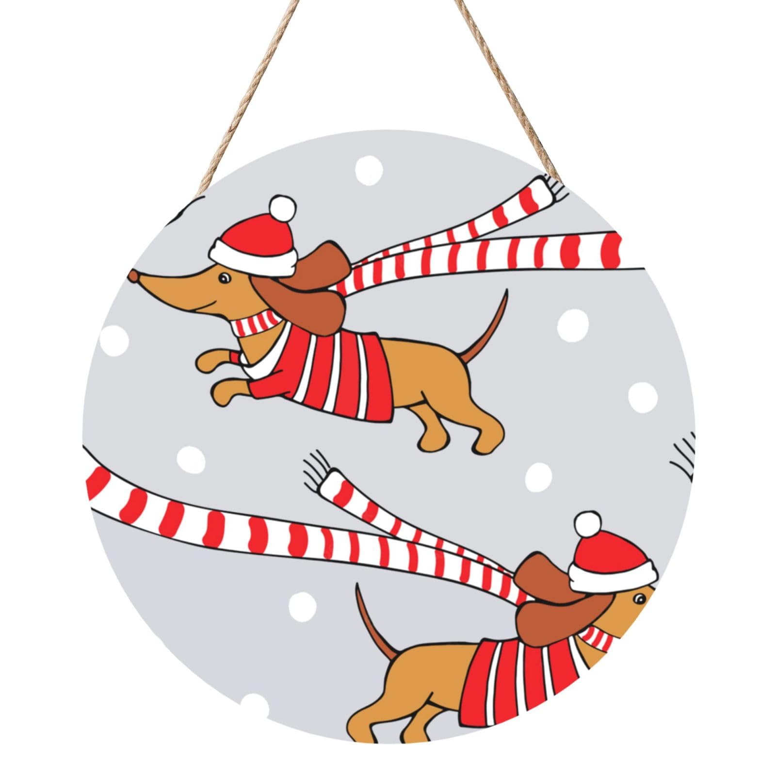 InOmak Christmas Cartoon Dog Dachshund, Round Wood Panel Painting 12 in, Wall Hanging Painting For Home