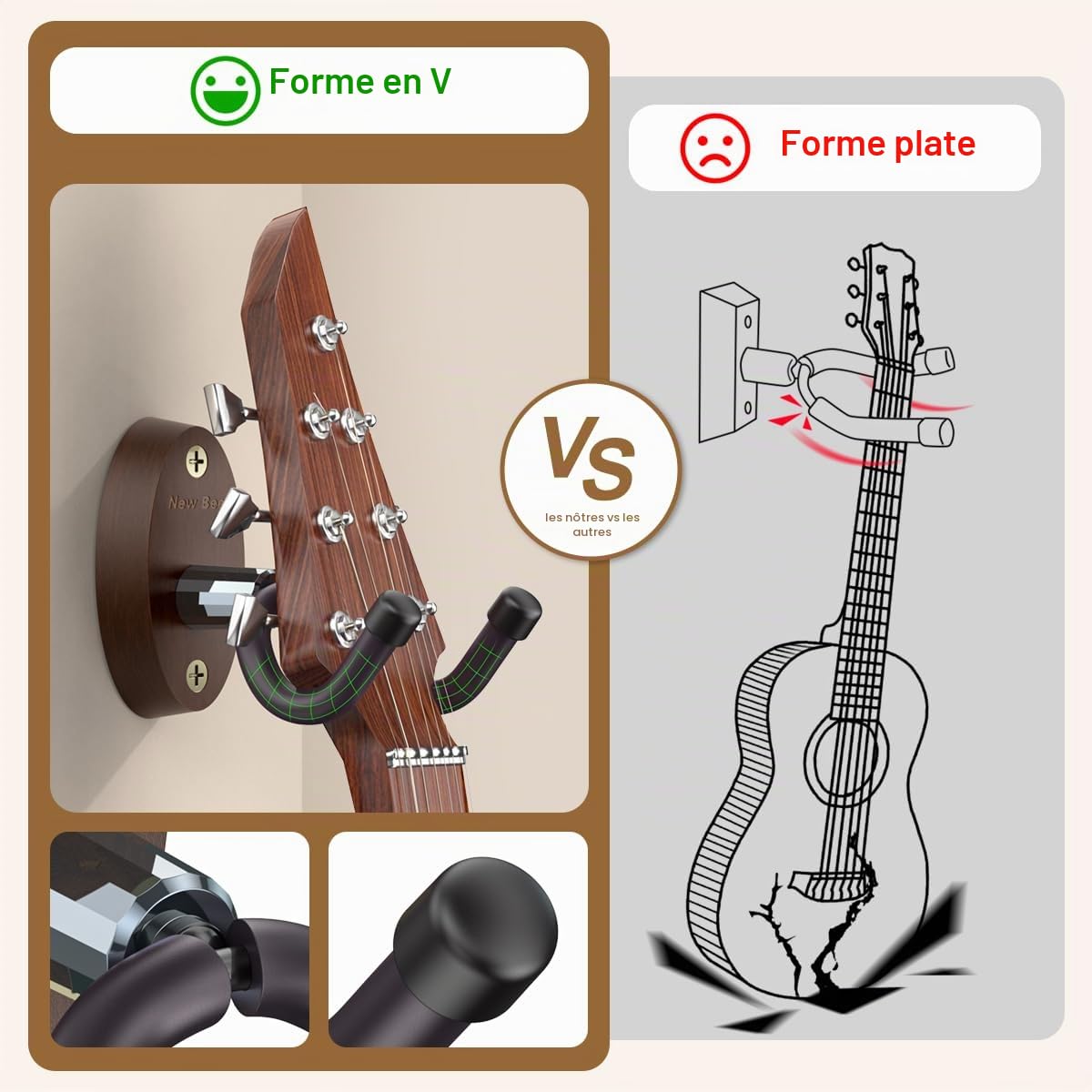 New Bee Support mural guitare,Support pour guitare,Support guitare mural porte crochet pour guitare acoustique électrique, ukulélé, basse