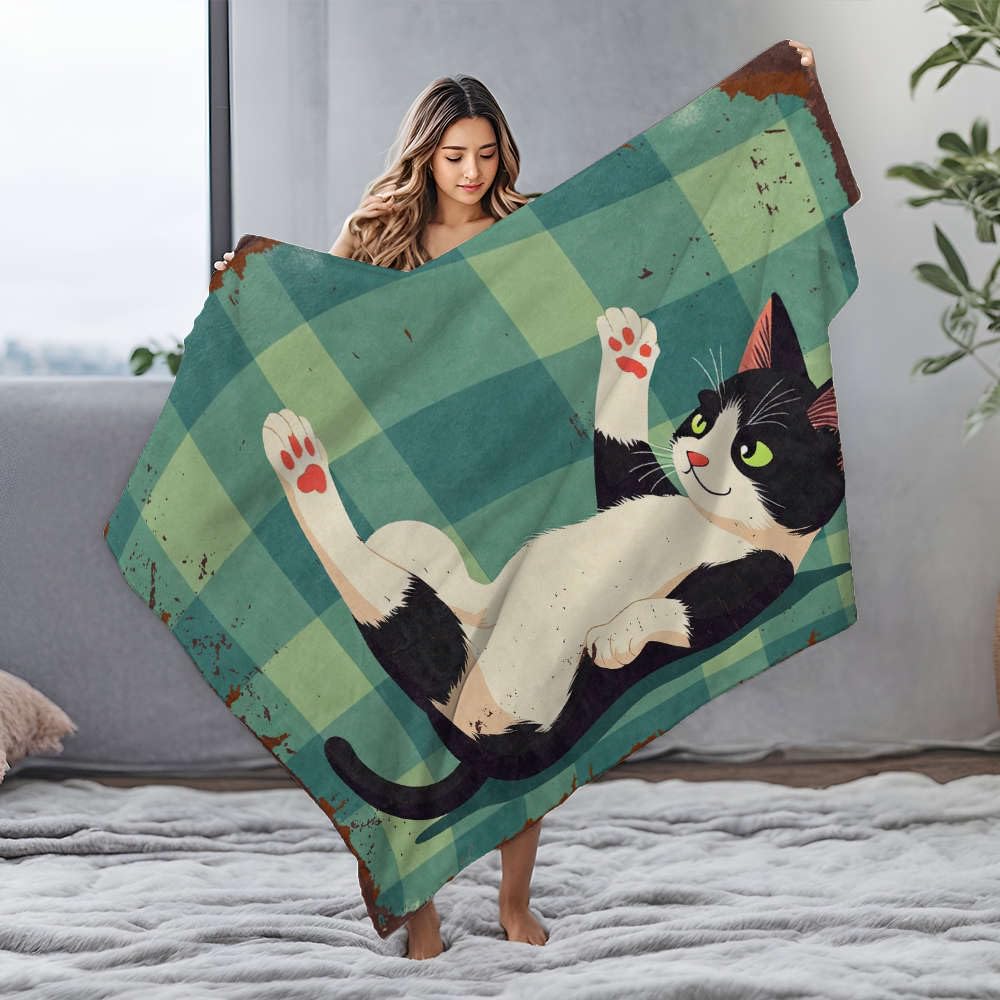 Grande couverture en flanelle douce et durable motif chat noir et blanc