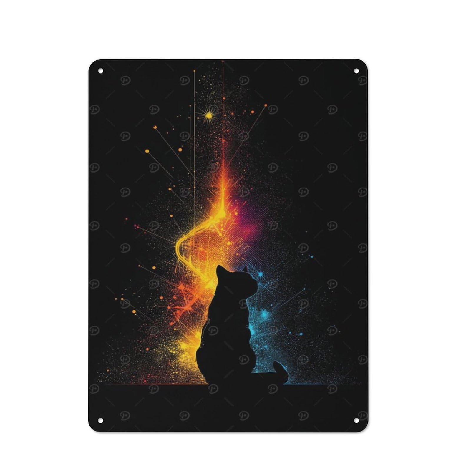Junmoney Style-7 Silhouette Cat With Colorful Abstract Background Vintage Metal Plaque 40X30cm For Living Room Wall, Suited To Living Room Decor Lovers