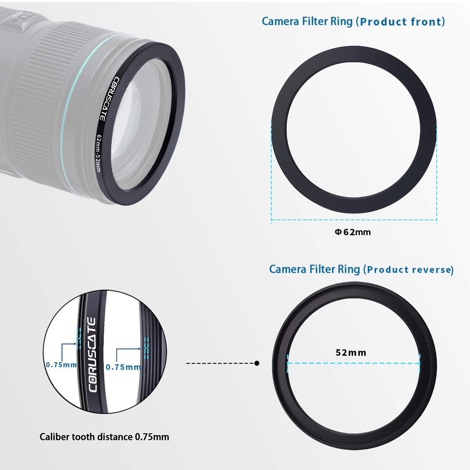 Anello Adattatore Filtri Anello Per Filtro Fotocamera Da 62 Mm A 52 Mm, Adattatore Per Obiettivo, Cambia Il Filtro O La Dimensione Dell'obiettivo Da 62 Mm O 52 Mm. Accessorio Compatibile Per - Foto 8