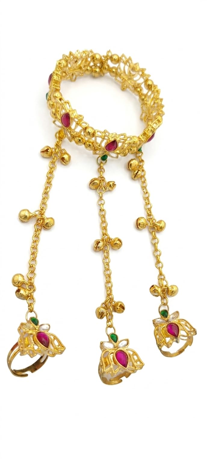 Gold Plated Traditional Hathphool for Women, Lotus Floral Design Adjustable Finger Ring Bracelet, Ethnic Bridal Hand Harness Jewellery with Multi Colour Stones & Ghungroo-image-49