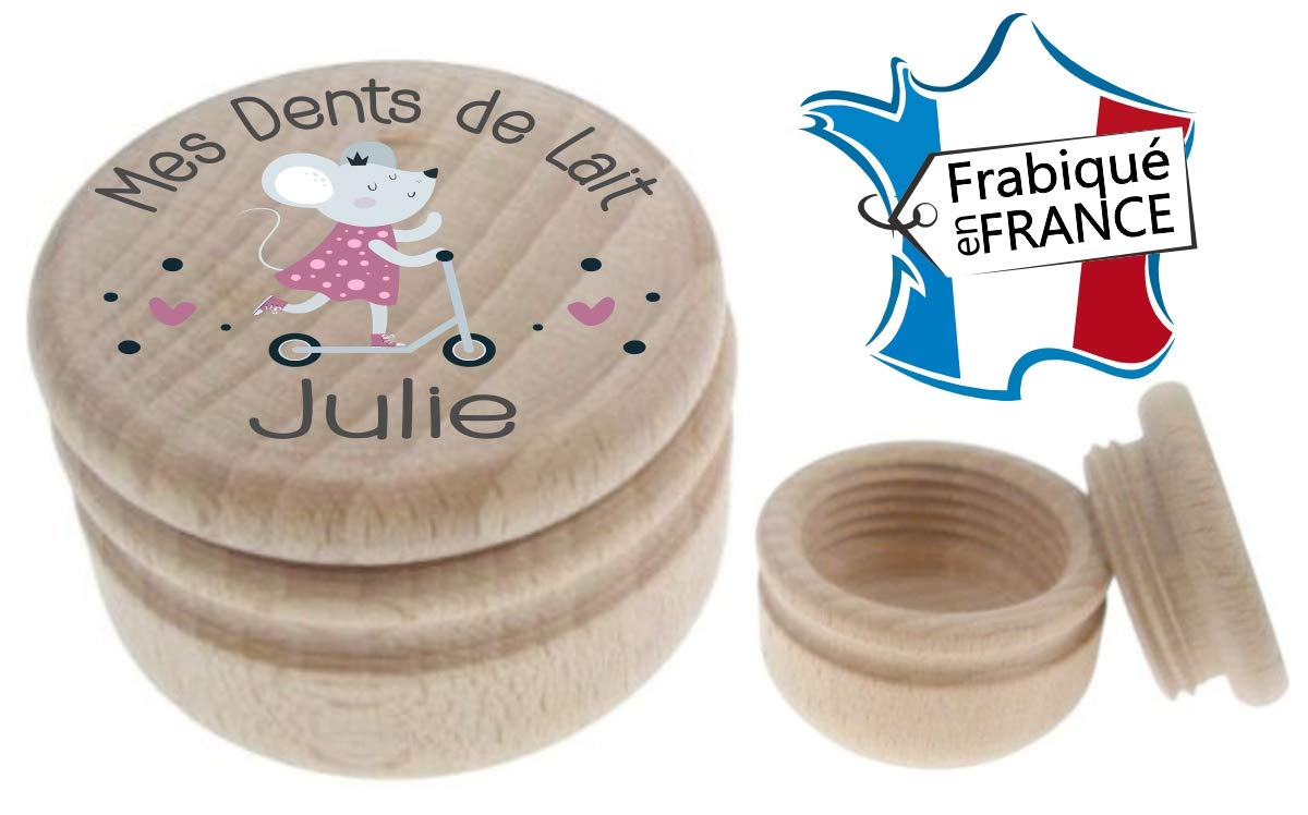 Boite à Dents de Lait en bois - Personnalisée avec le prénom de l'enfant + Texte personnalisable – Dessin de la petite souris - Fabrication française – offrir en cadeau de naissance Fille
