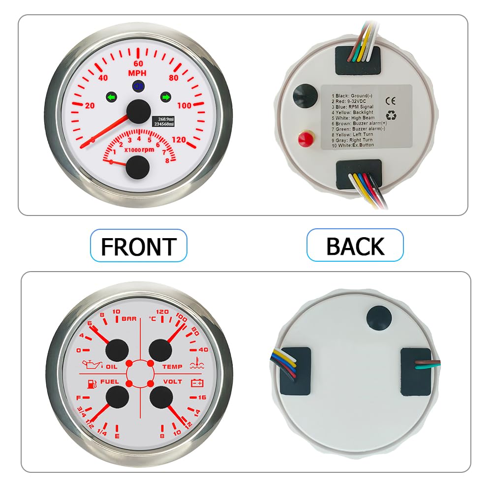 Medidor Tacómetro Voltímetro Medidor de Nivel de Combustible Odómetro 85 mm con 8000 RPM con 4 en 1 10 Bar Presión de Aceite 12 V con para veleros Marinos