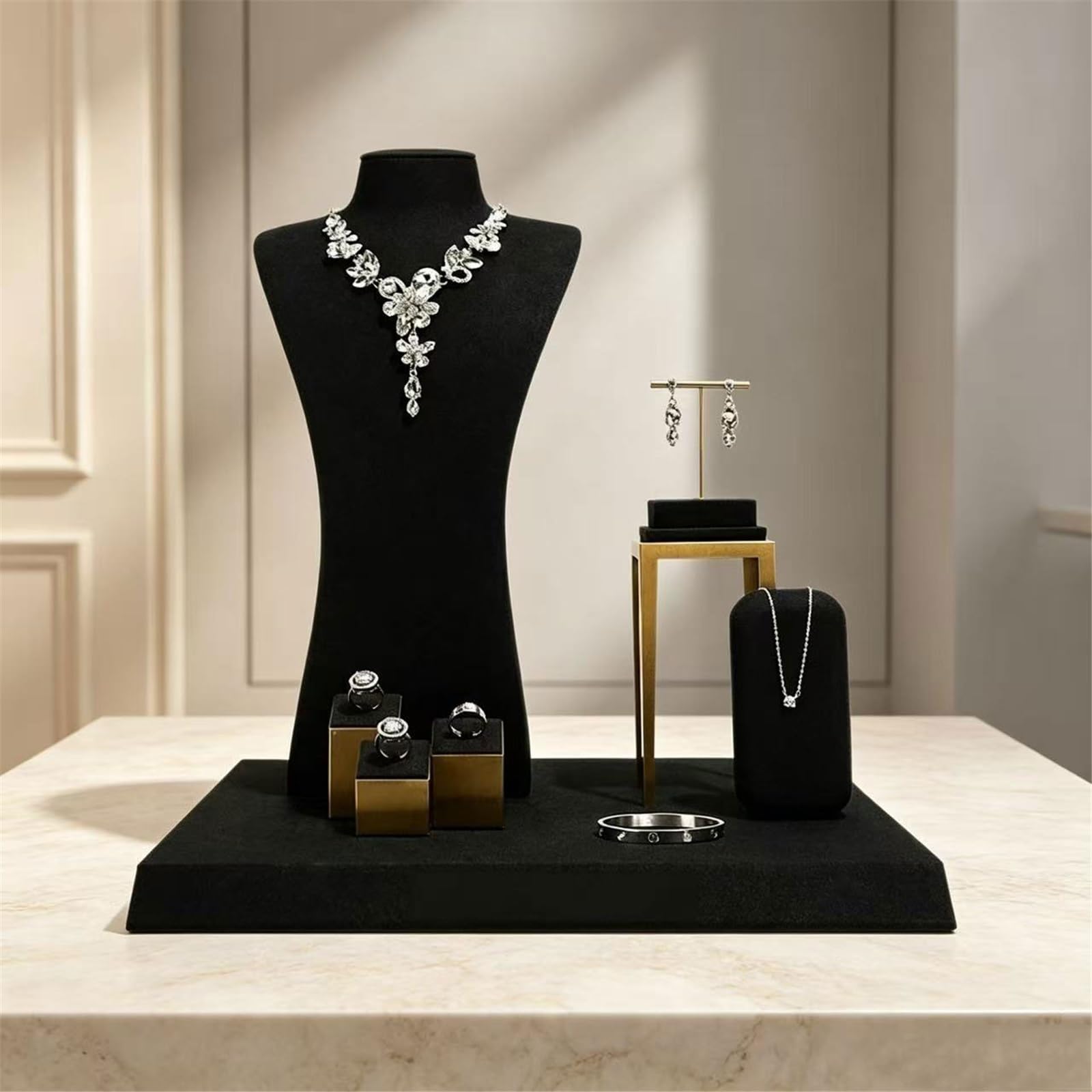 Espositore gioielli Kit espositore for anelli for orecchini e collana con busto in microfibra da 5 pezzi Per conservare ed esporre i gioielli
