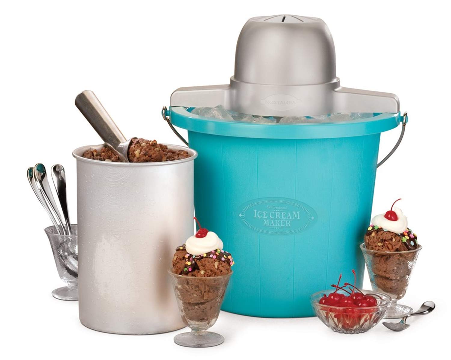 Ice cream,yogurt maker-Nostalgia Electrics 4-Quart Blue Bucket Electric Ice Cream Maker-Ice Cream Machine-Fill The The Electric Motor Do The Churning For You-Ice Cream Maker-Guarenteed!