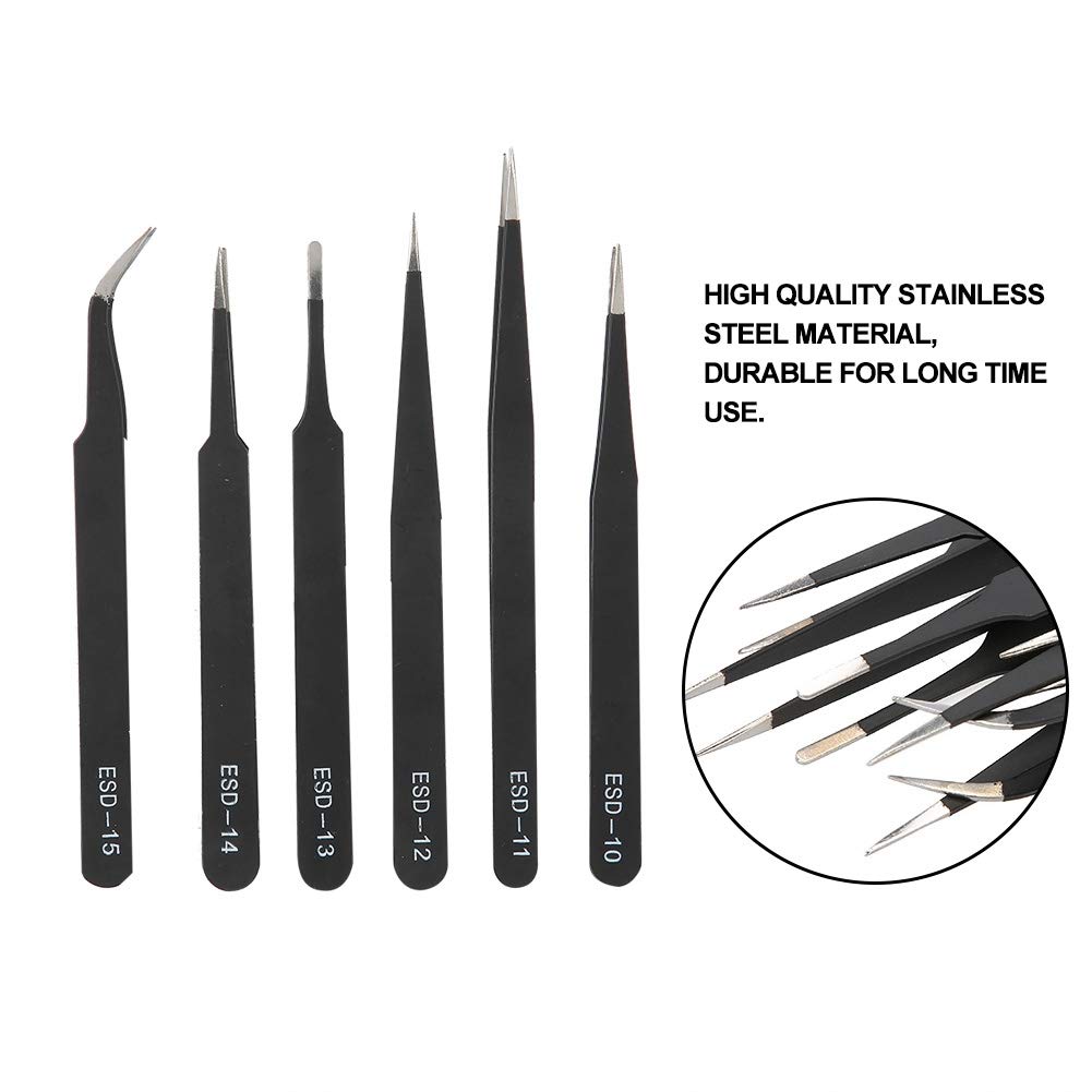 Ensemble de pincettes de précision de 6 pièces, pinceau en acier inoxydable anti-statique avec poignée ergonomique et housses de pointe pour les bijoux, laboratoire