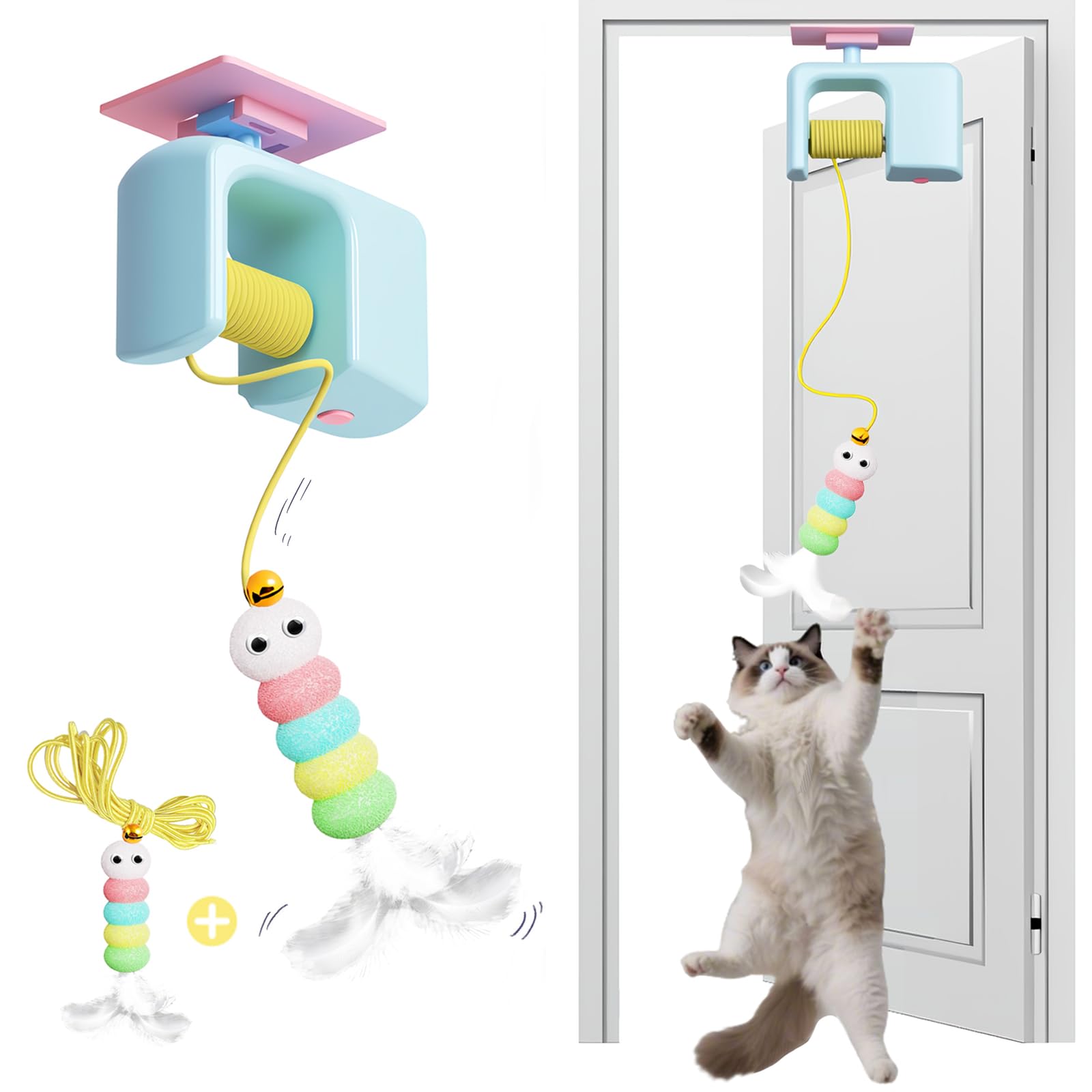 Door Hanging Cat Toys for Indoor Cats Adult Kitten, Interactive Cat Toys Automatic Retractable Cat Enrichment Toys for Door Wall Ceiling with Two Ropes, Self Play Hunting Exercising Boredom Mouse Toy