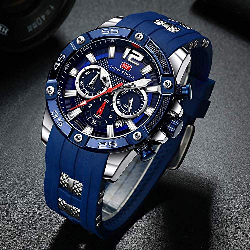 Image of MF MINI FOCUS Men Watch, Chronograph Waterproof Sport Analog Quartz Watches Blue Silicon Strap Fashion Wristwatch for Men