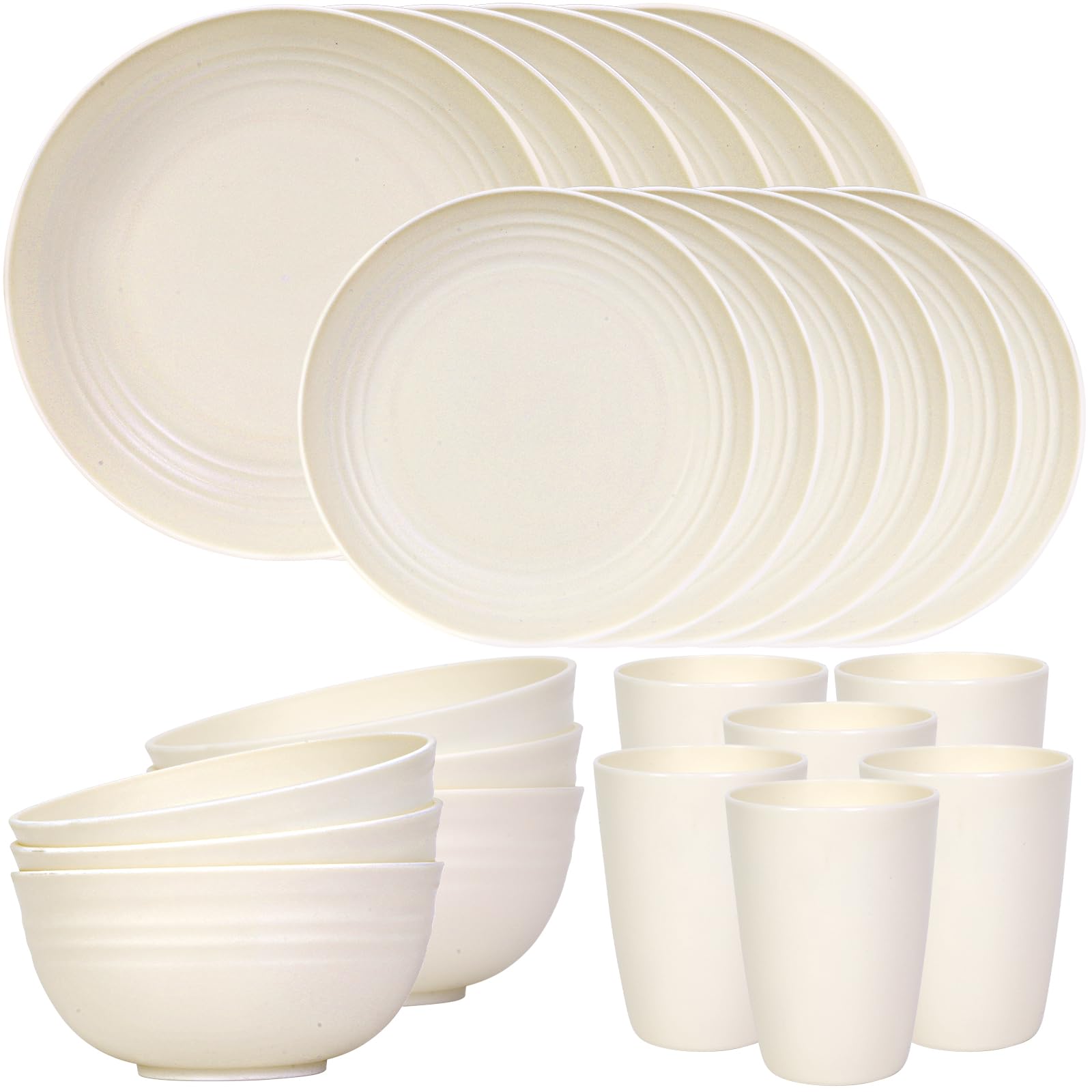 Quatish 24 Piece Wheat Straw Dinnerware Sets of 6, Kitchen Plates and Bowls Sets, Unbreakable Plastic Dish Set for Camping, Dishwasher Microwave Safe, Kitchen and Dinning Essentials, Beige