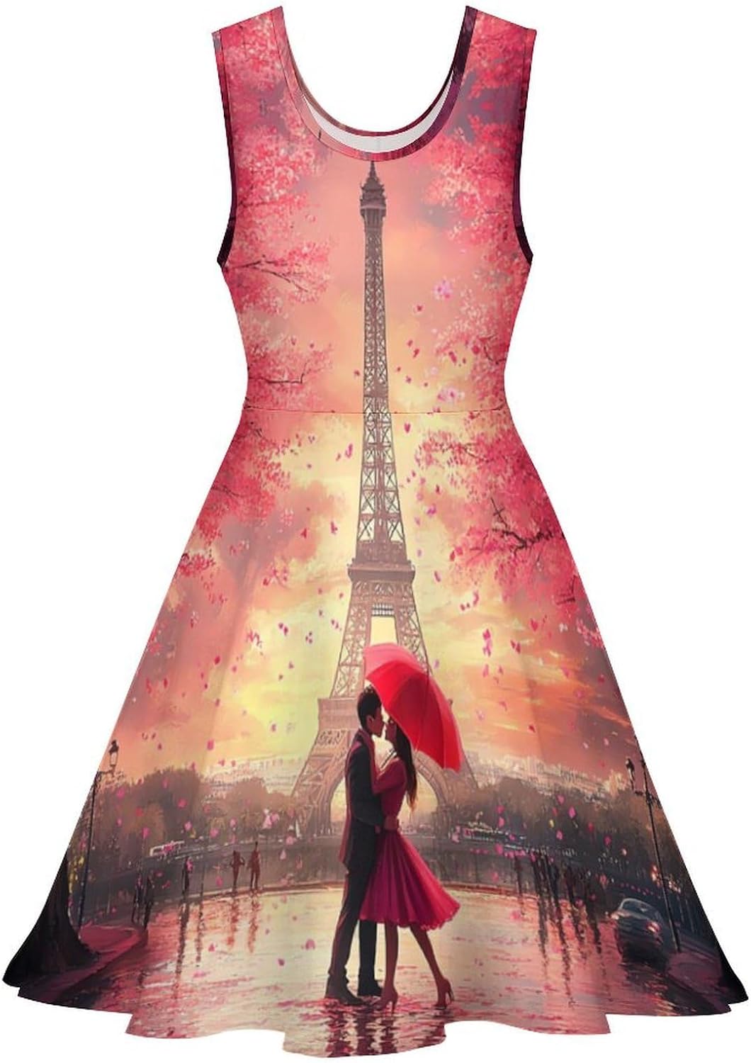 Couples Kiss in Paris Eiffel Tower Women's Dresses Round Neck Dress Sleeveless Tank Dress Ruffle Hem Sundress