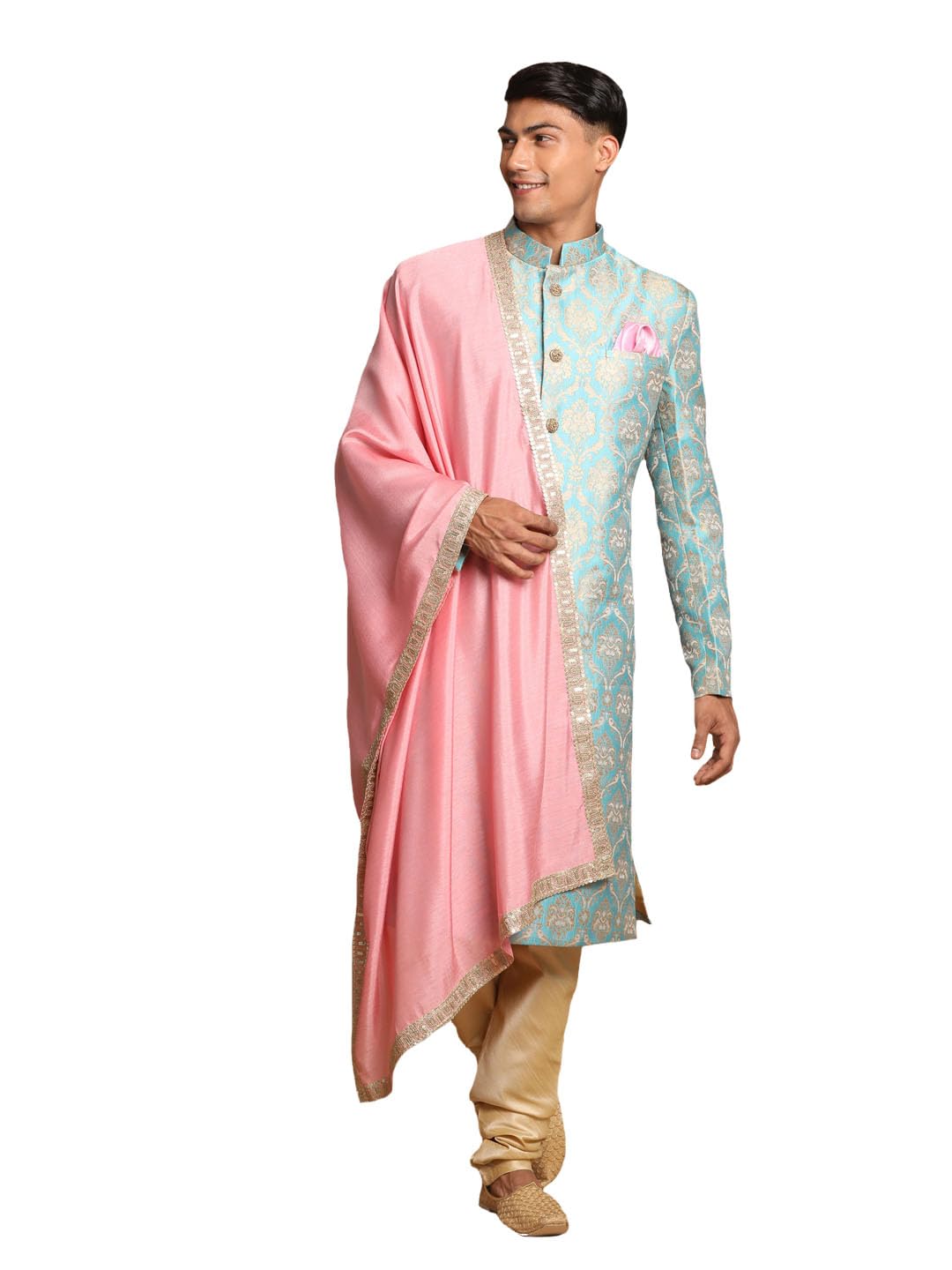 Men's Pink And Gold Silk Blend Sherwani Set - A Set Of Brocade Sherwani And Pyjama With Dupatta