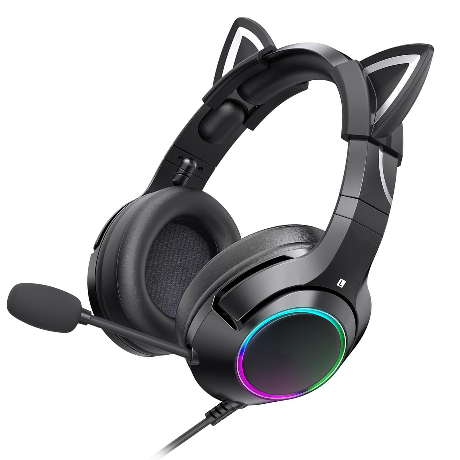 Gaming-Headset mit Mikrofon, abnehmbare Katzenohr-Kopfhörer, Katzenohr-Design mit RGB-Beleuchtung, Verstellbarer Kopfbügel-Kopfhörer 7.1 Surround Sound, leichte Over-Ear-Kopfhörer (Schwarzer
