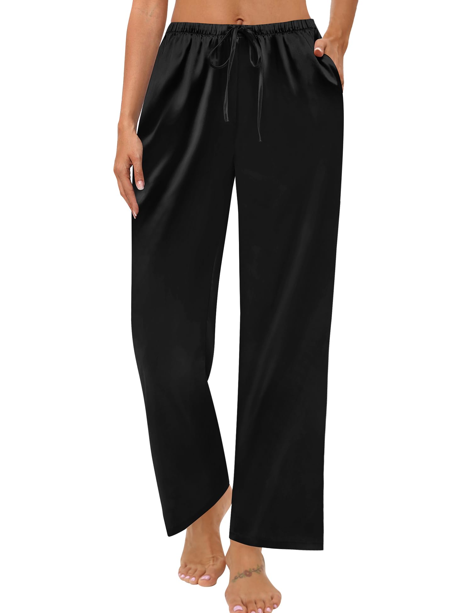 SWOMOG Women's Silk Satin Pajama Pants Soft Long Lounge Pant Drawstring Trousers Casual Sleepwear Pj Bottoms with Pockets