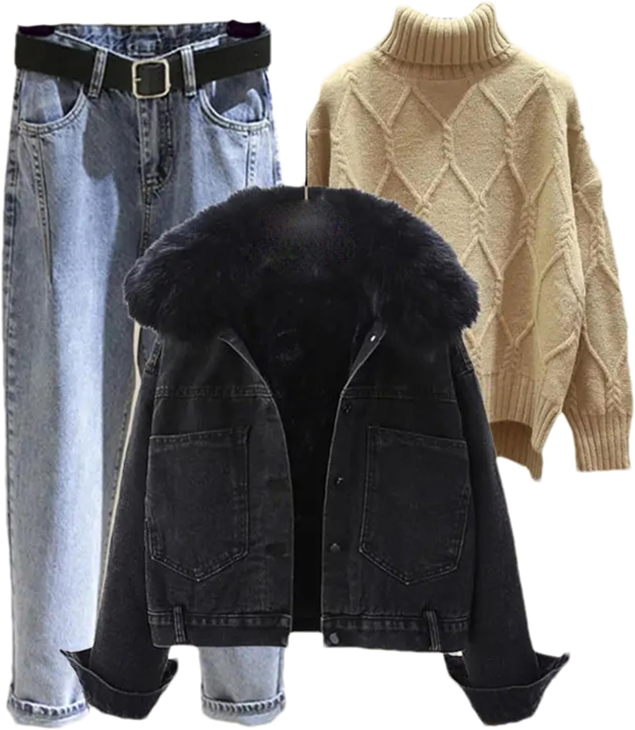 Women Winter Warm Suit Denim Jacket and Knitting Top+Pant Three Piece Set Jacket Sportwear