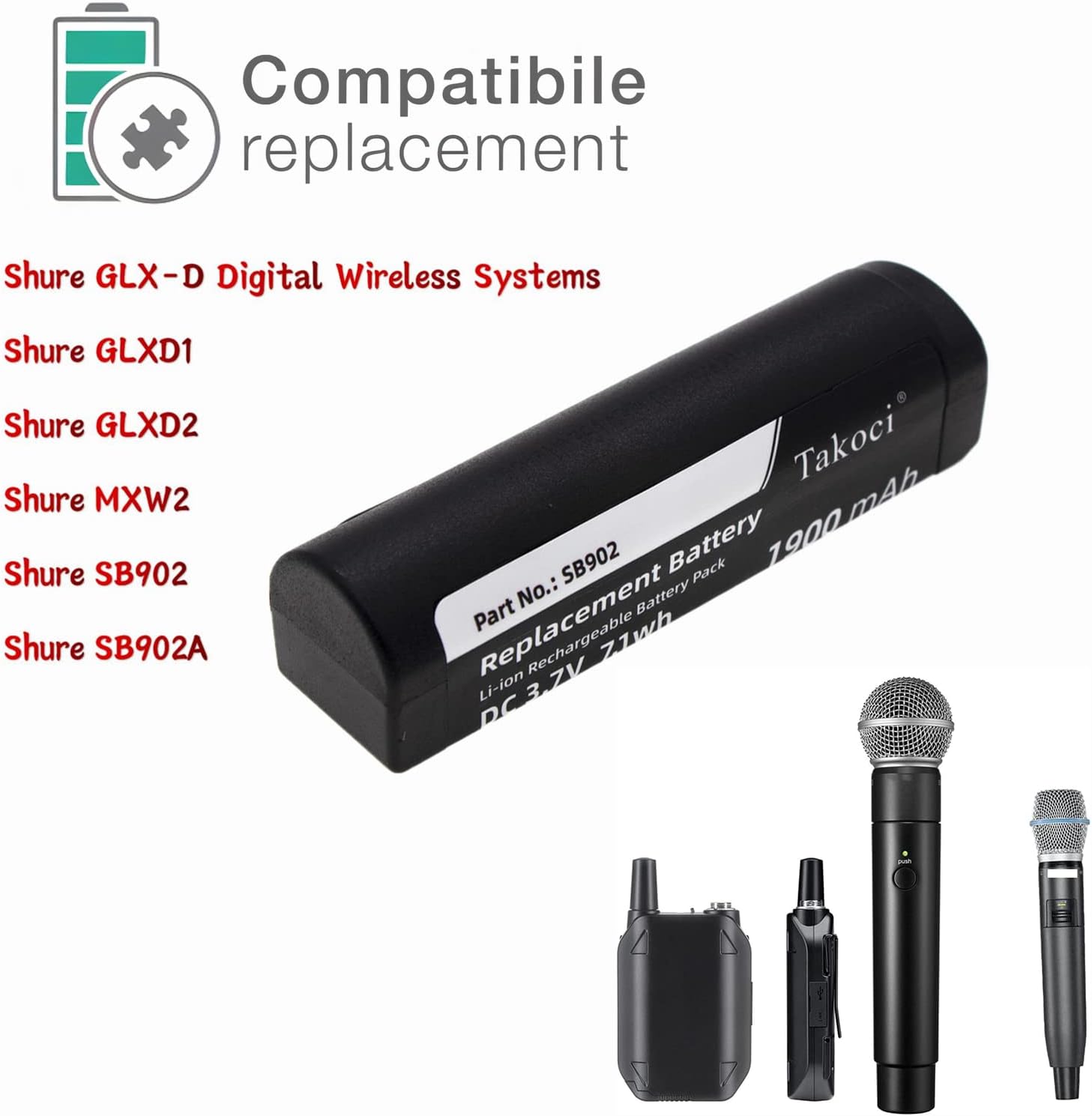 1900mAh SB902A Battery Replacement for GLX-D Digital Wireless Systems, GLXD1, GLXD2, MXW2 Wireless Bluetooth Speaker