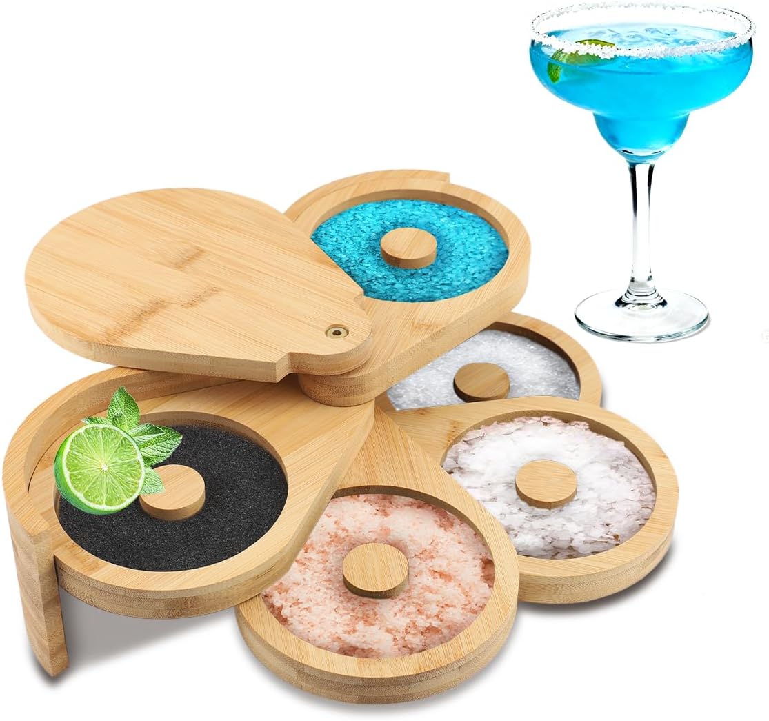 Tiiyee Margarita Salt Rimmer Set, 5 Tier Bar Glass Rimmer Acacia Wood Rimming Station with Lid and 5 Sponges Bartender Tool for Sugar Lime Seasoning Juice Cocktails Drinks House Party Celebration Gift