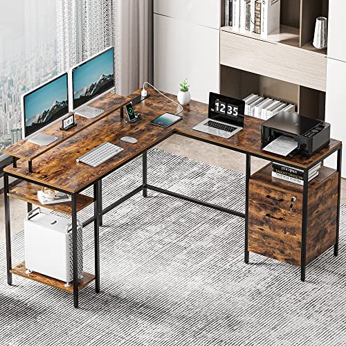 Superjare Reversible Computer Desk With Power Outlets & File Cabinet, L Shaped Desk With Monitor Stand & Storage Shelves, Corner Desk Home Office Desk, Rustic Brown #TOP1