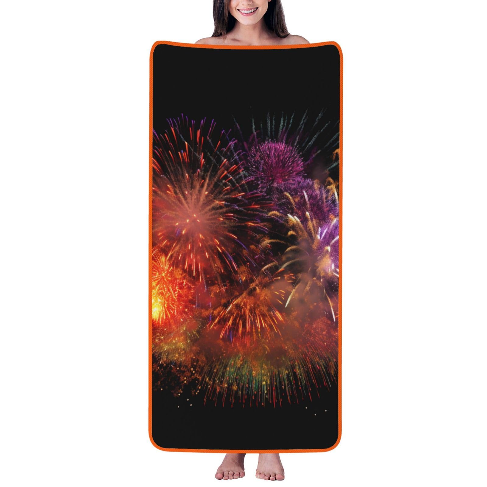 WPKJU Explosion Firework 3D Printed Bath Towel with Orange Edging - 27x55 in Soft Extra Absorbent Coral Velvet Shower Towels for Bathroom