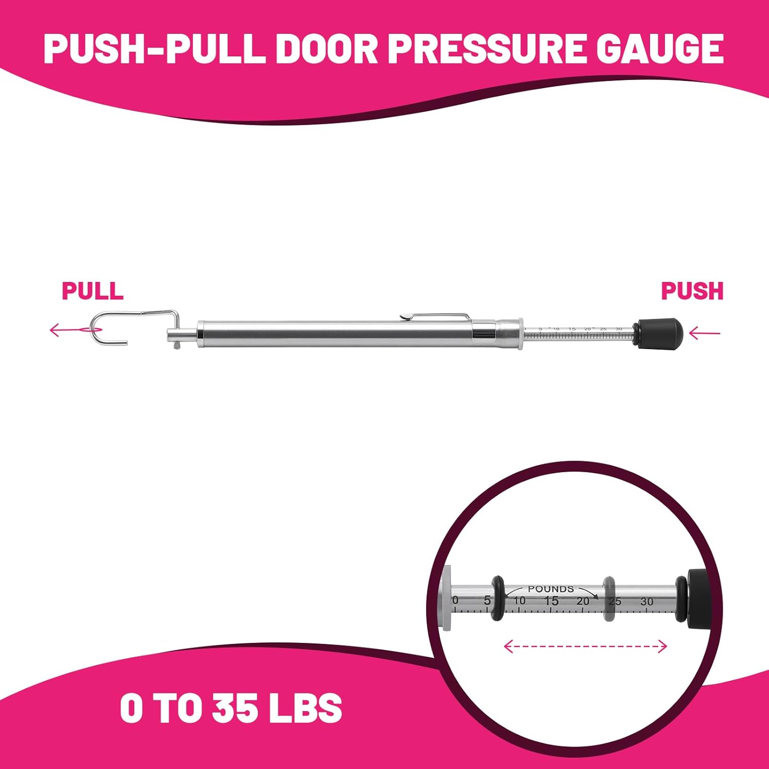 Push-Pull Door Pressure Gauge, 0-35LBS/16KG, ADA & Fire Code Compliant, Stainless Steel Body with Zinc-Plated Scale, 5% Accuracy