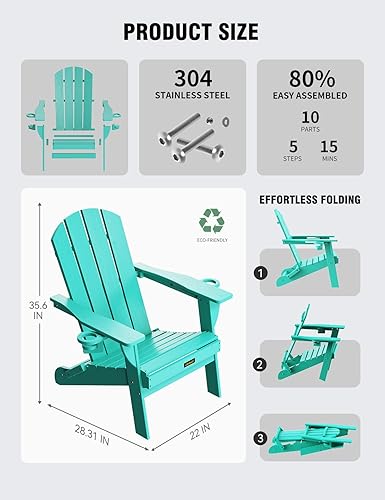 Miniatura 3 de Silla Adirondack plegable, sillas Adirondack de plástico texturizado de madera con soporte para 2 tazas, silla para hoguera de polietileno de alta