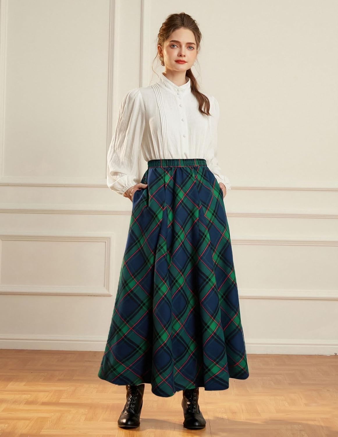 Scarlet Darkness Long Plaid Skirts for Women High Waist A Line Pleated Fall Maxi Skirts - Image 8