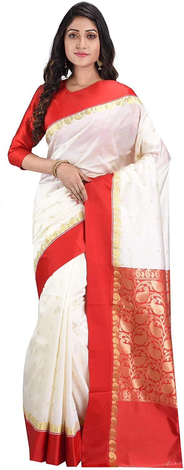 Aishwarya Sarees Damskie Garad Art Jedwabne Sari Z Bluzką (Aiswarya_sarees 3.2_Czerwony i Biały), Czerwony i biały