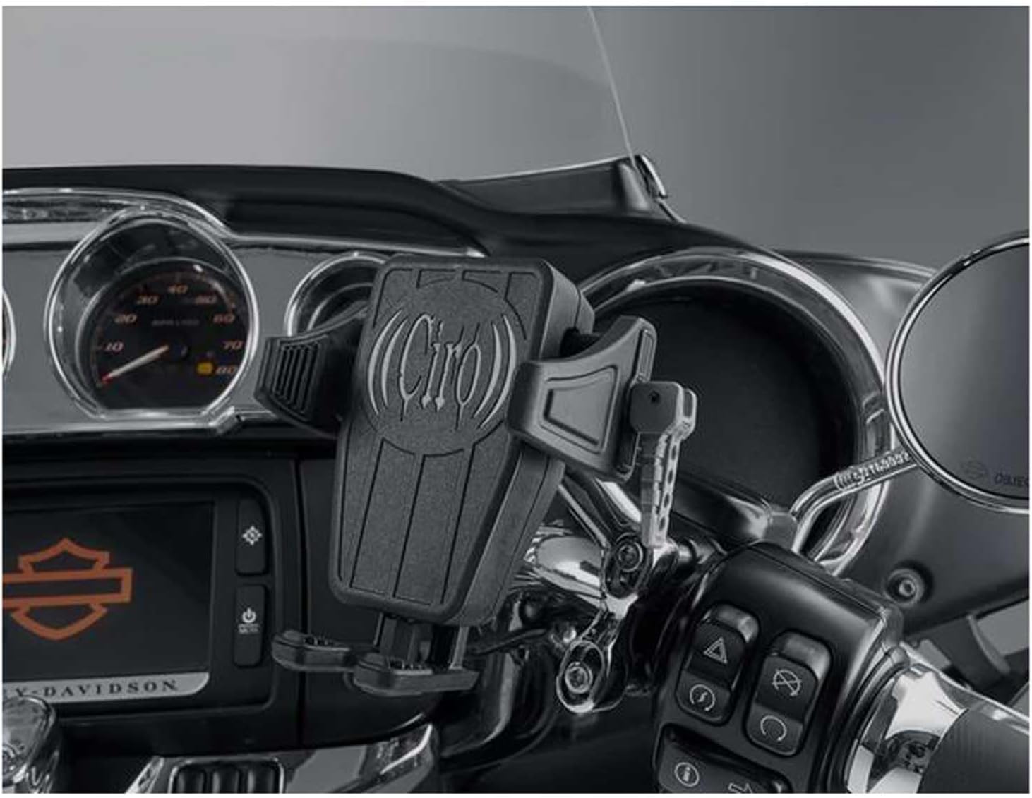 Empty Ciro Cybercharger Phone Holder mounted on a motorcycle