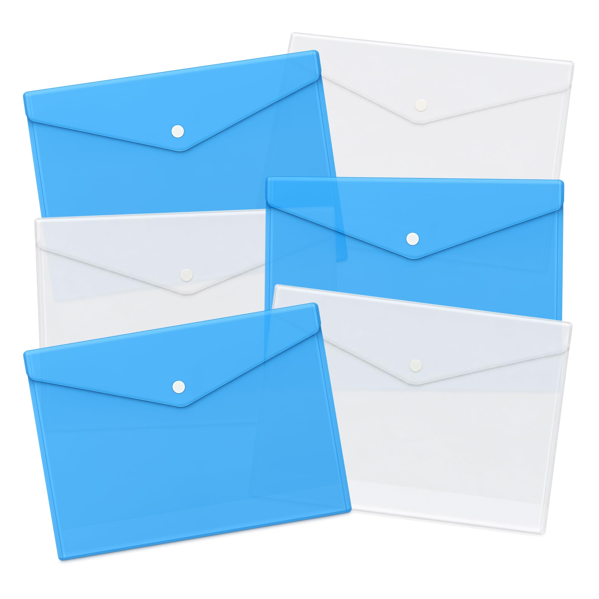 Pack of 6 White and Blue Colors A3 Popper Wallets for Document Storage Durable Transparent Plastic Wallets with Closure Button Ideal for Office School Home and Organization Use