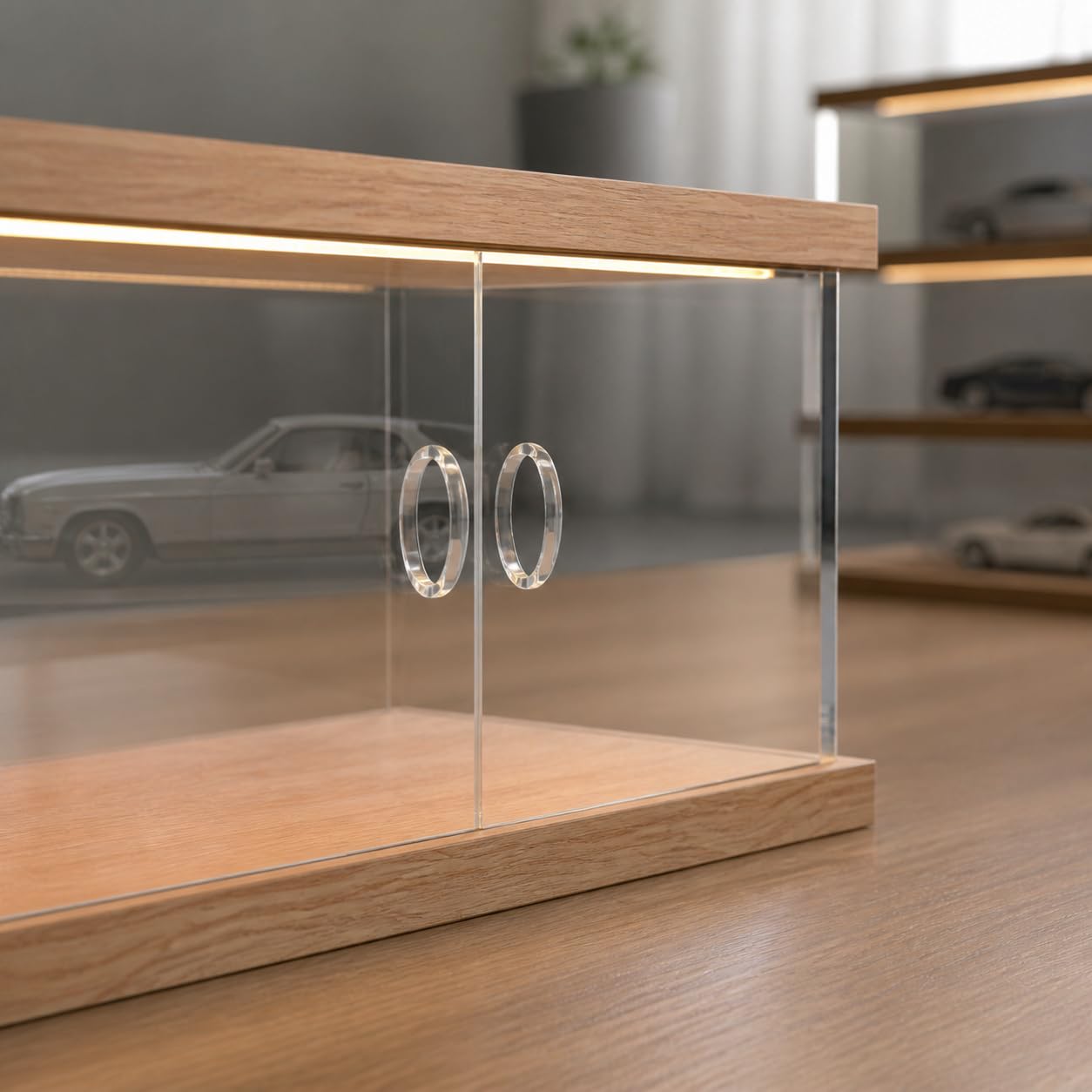 Vetrina Espositiva Modellini Auto , 1:32, 3 auto (con porta) | acrilico - legno - per modellini 1:64 e 1:32 - con sportello - luce superiore - impilabile - per collezionisti