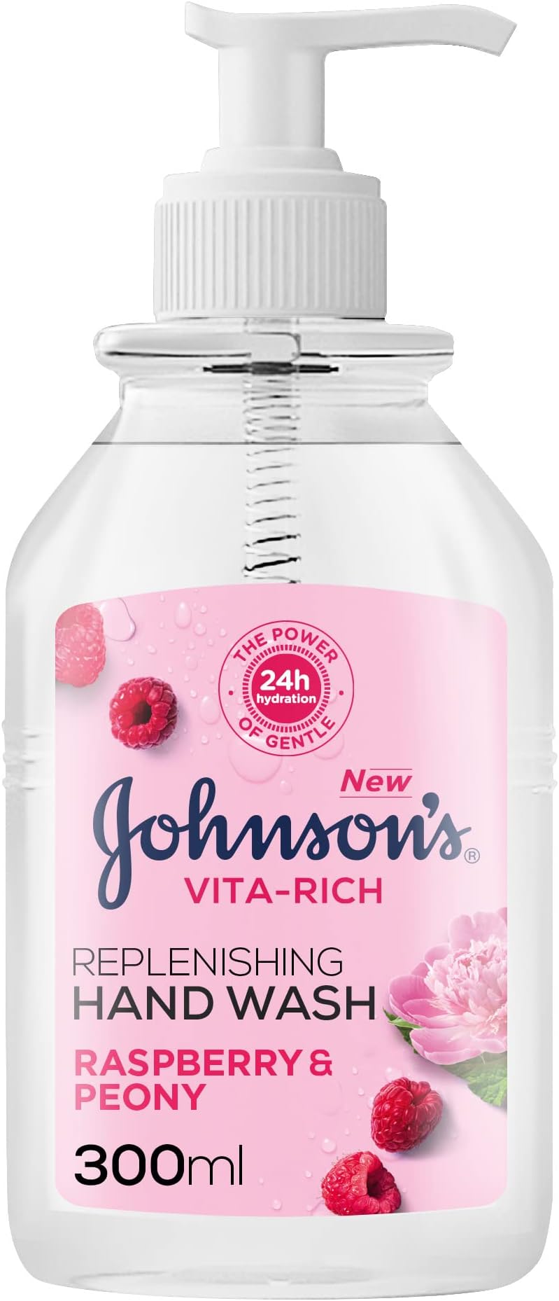 Johnson's Vita-Rich, Replenishing Hand Wash, Raspberry And Peony, 24 Hours of Gentle Hydration, Ph Balanced Formula, 88% Natural Ingredients, 300ml