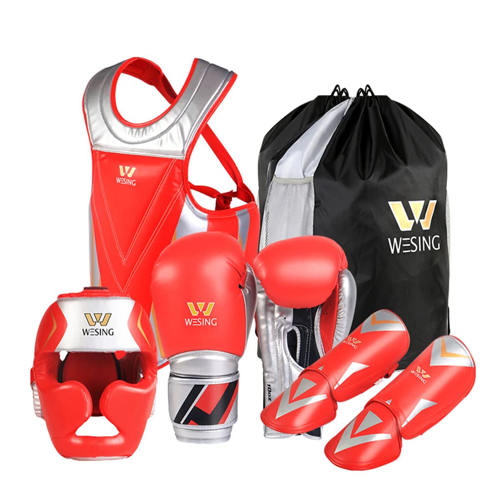 Wesing Boxing Protective Gear for Men Women Set Sanda Kickboxing Gear MMA Muay Thai Boxing Equipment 5pcs Set (S, Red)