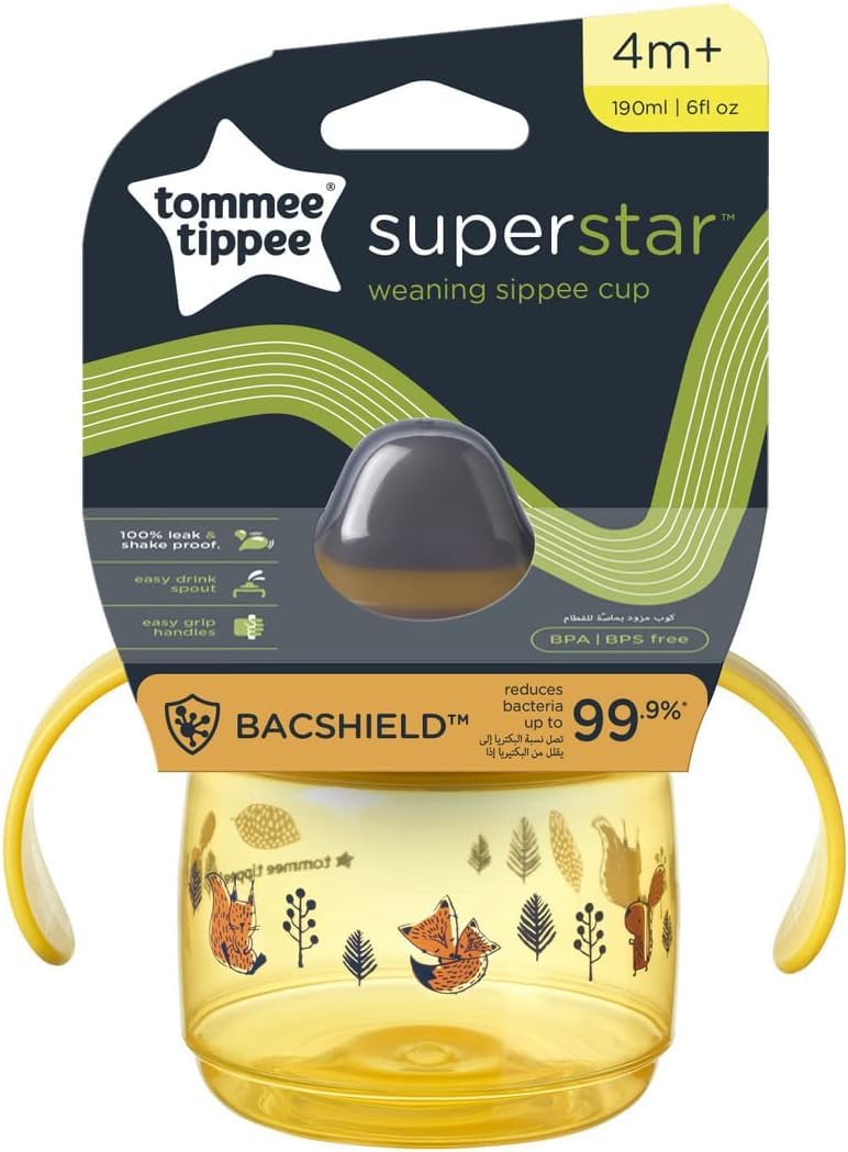 Tommee Tippee Superstar Sippee, Weaning Sippy Cup for Babies with INTELLIVALVE Leak and Shake-Proof Technology and BACSHIELD Antibacterial Technology, 4m+, 190ml, Pack of 1, Yellow