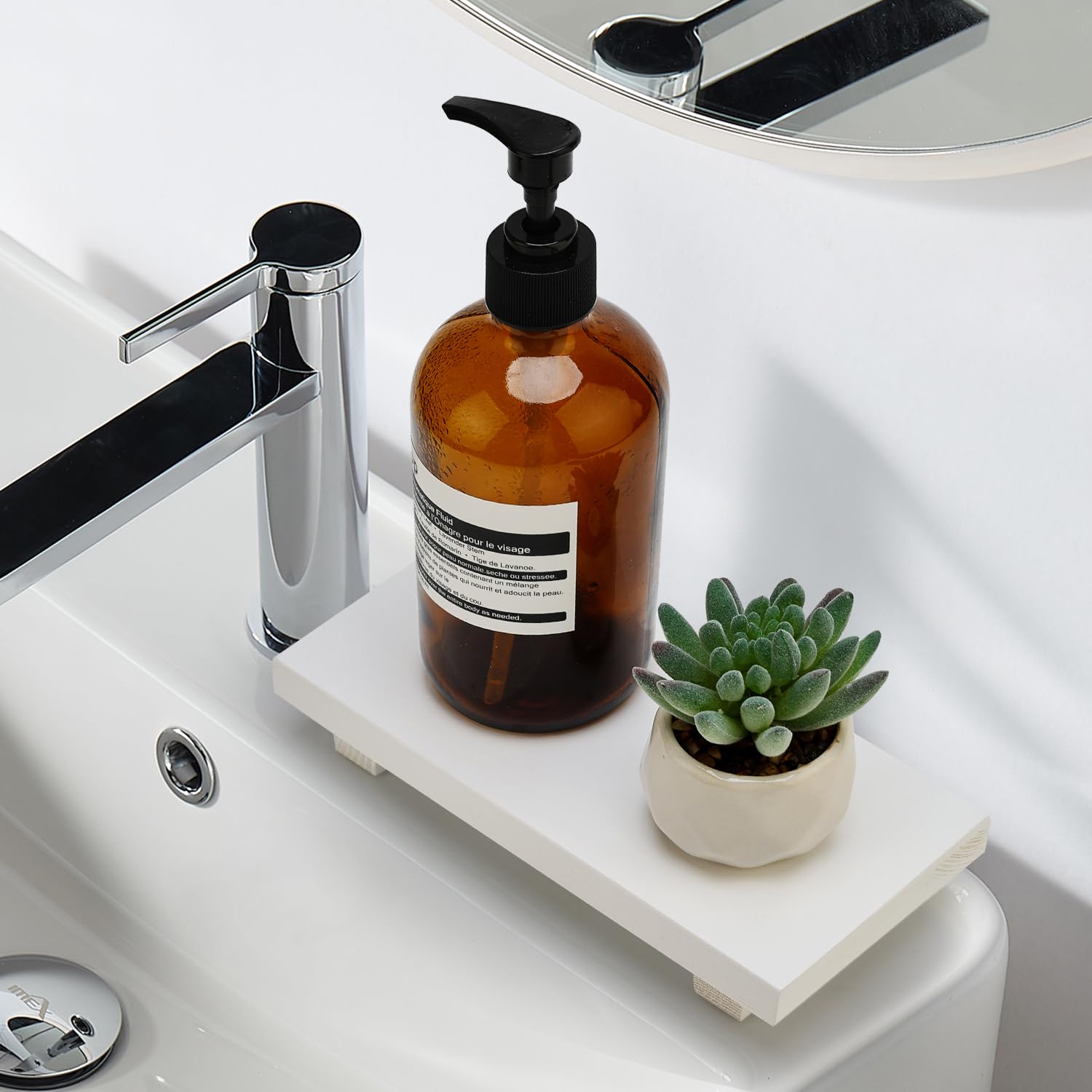Plateau de comptoir de salle de bain en bois blanc – Petits rehausseurs sur pied – Distributeur de savon de cuisine pour décoration de comptoir – Accessoires d'évier de ferme moderne