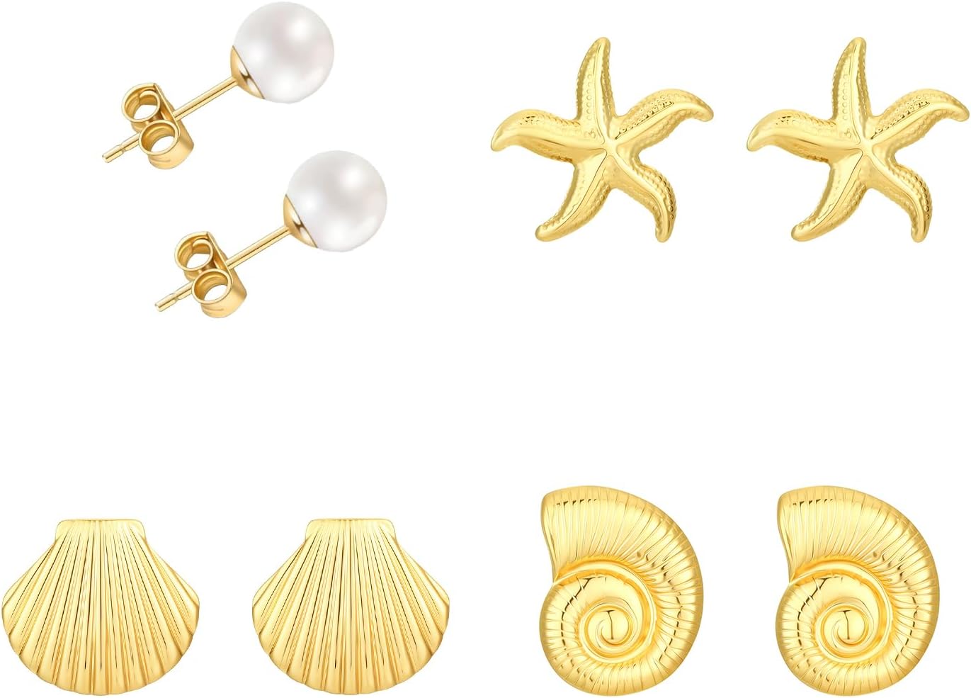Starfish seashell pearl conch stud earrings summer beach vacation set