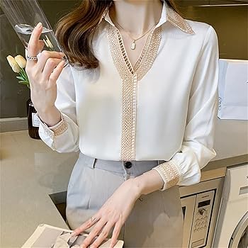 Long Sleeve White Blouse Tops Women Turn Down Collar Chiffon