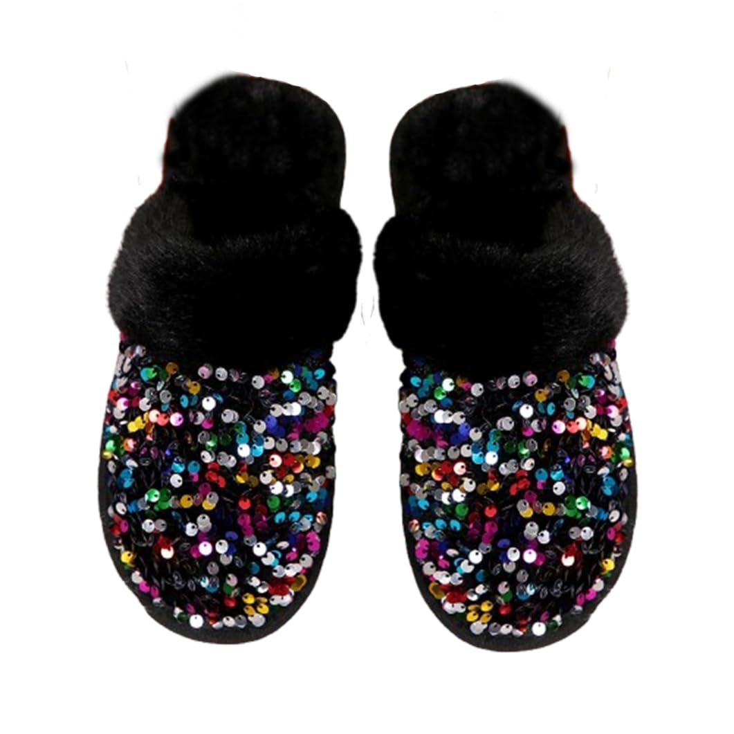ZNEL Bling Sequin Slippers for Women Fuzzy Slip on Indoor Outdoor Bedroom Furry Fleece Lined Anti-Skid Rubber Hard Sole Home Shoes (36/37 EU, Black)