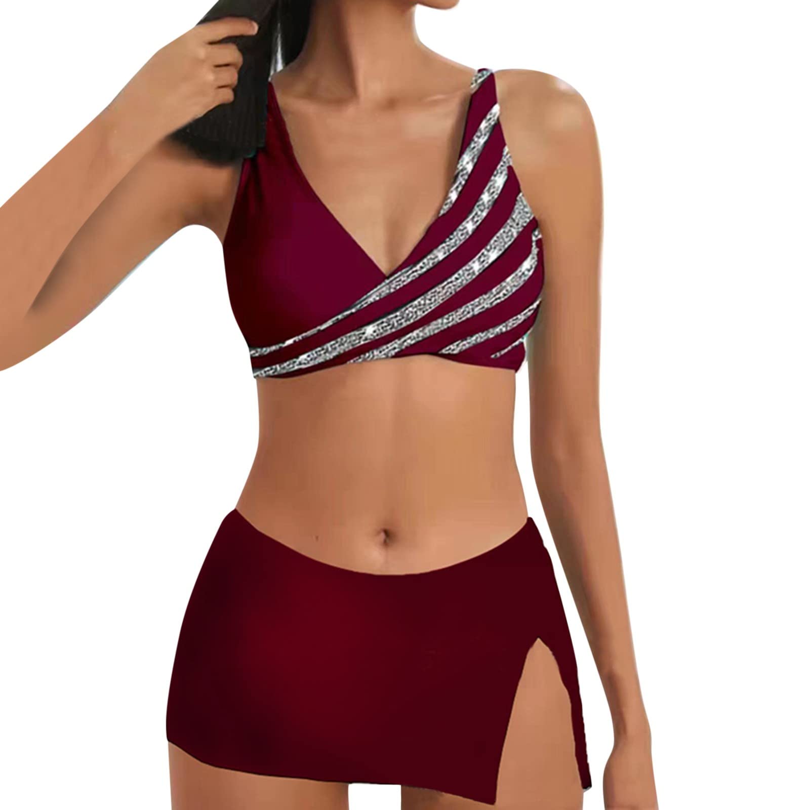 Swimsuit for Women 2024 Tu-mmy Co-ntrol Tankini Women's High Waisted 3 Pieces Set Swimsuit Swim Suit (Wine, L)