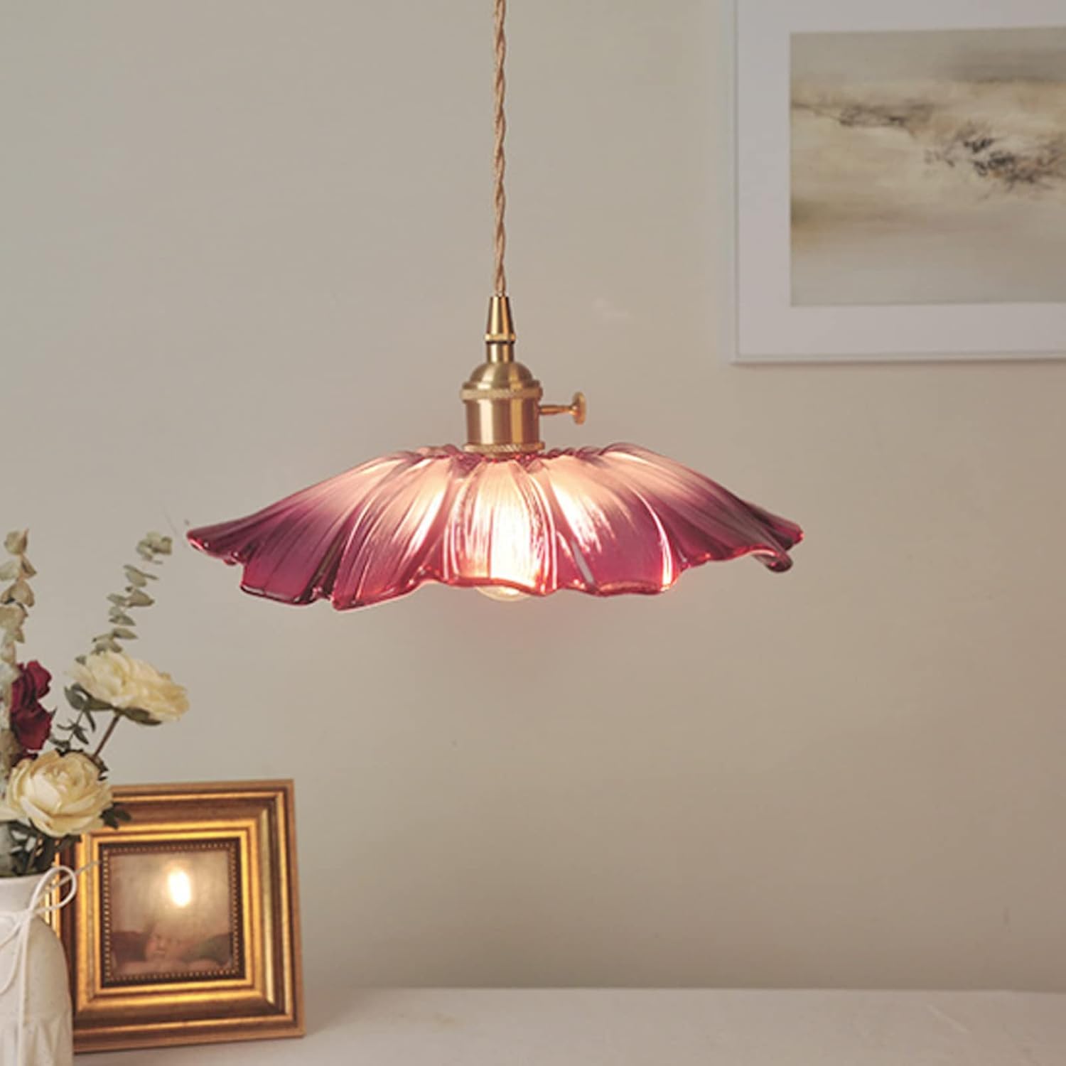 Lampa wisząca Vintage LED Szkło Fioletowy Kwiat Żyrandol Bar Sypialnia Miedziana Lampa Wisząca Dom Kryty Ganek Oświetlenie Oprawy E27 Żarówka Kuchnia Salon 1.5m Drut Regulowane Lampy Anniversary