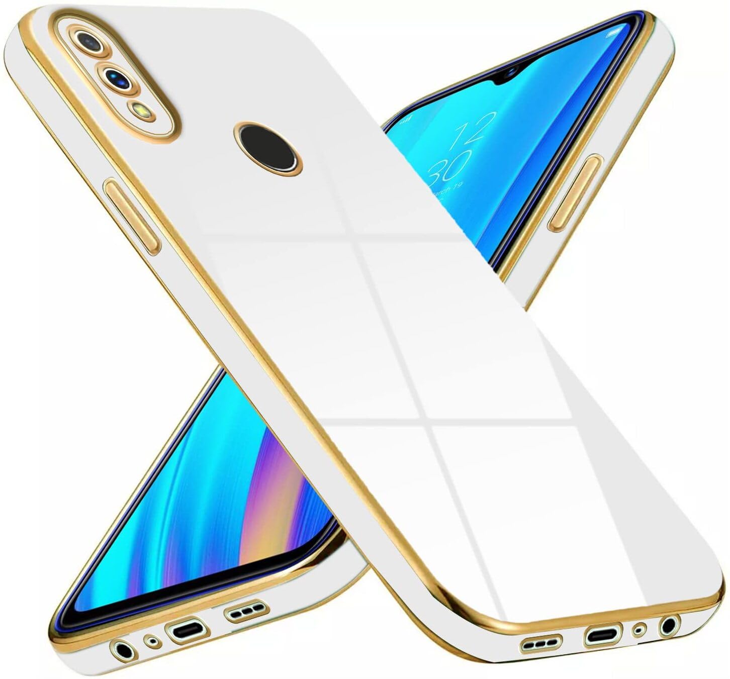 SRA ENT Back Cover for Realme 3 Pro 6D Chrome Gold Plated Frame, Camera Protection Glossy Back (White, Shock Proof, Silicon, Pack of 1)