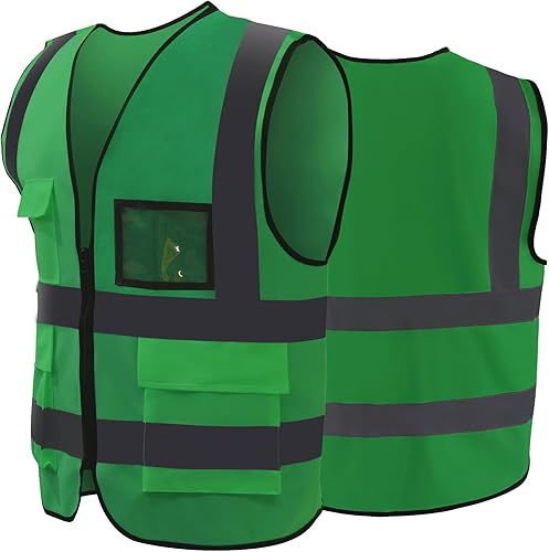Chaleco de seguridad reflectante con 7 bolsillos, chaleco de alta visibilidad con bolsillos duraderos y cremallera, cumple con las normas ANSIISEA
