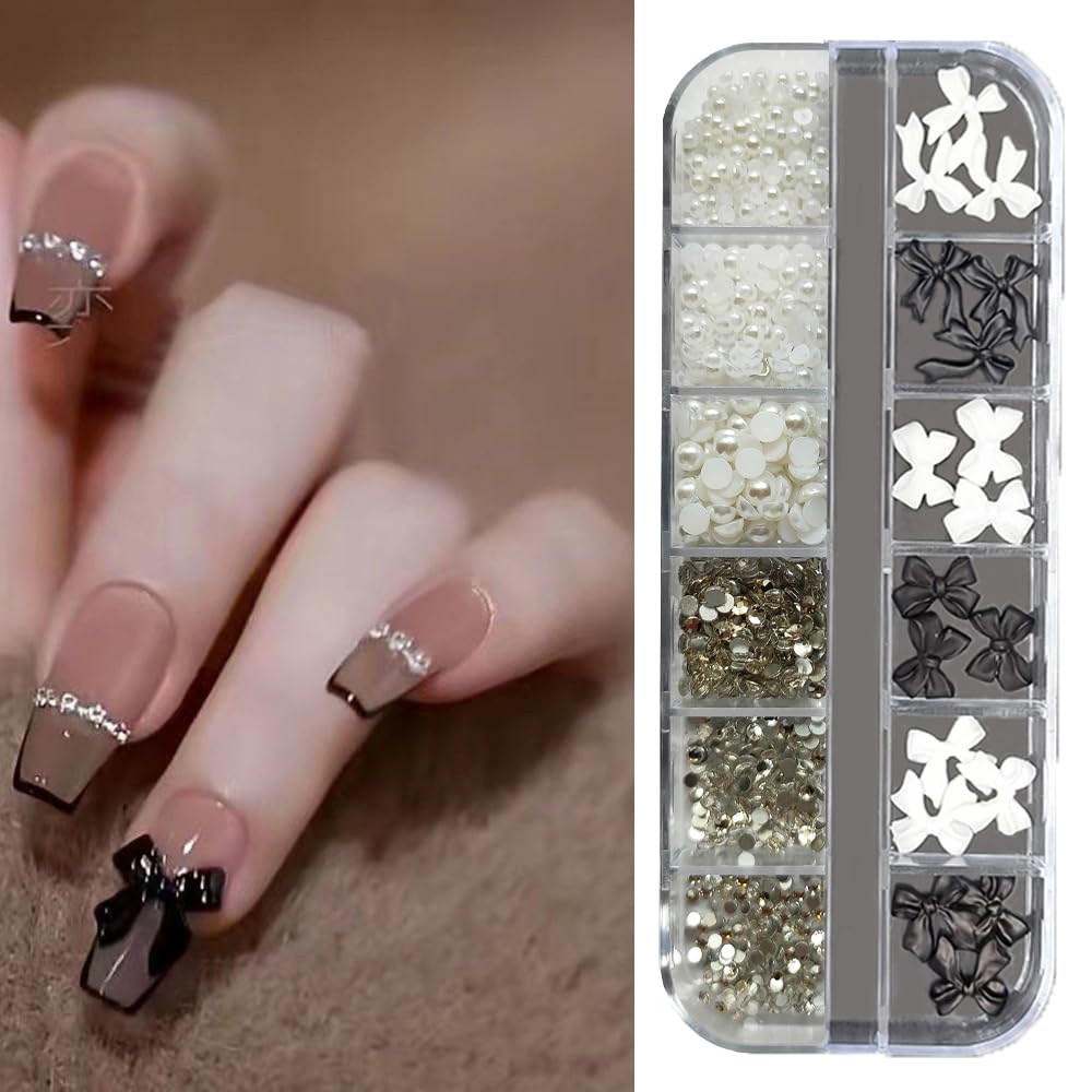 S.A.V.I 12-Grid 3D Black White Bowknot Clear Glass Rhinestones Pearls Nail DIY Palette