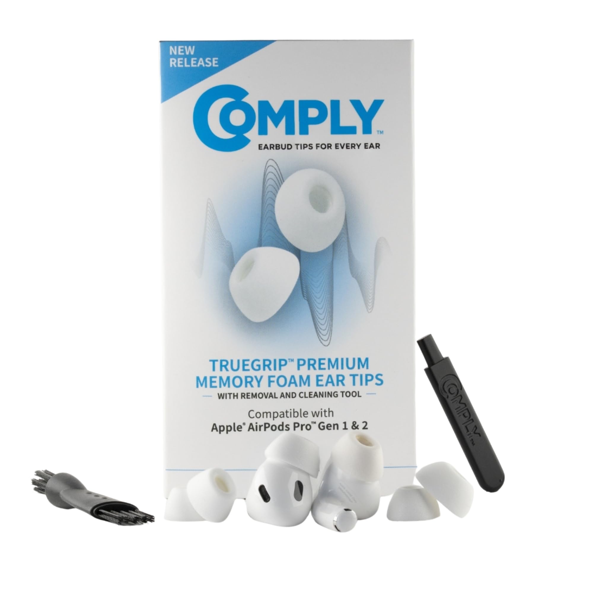 Comply TrueGrip Replacement Memory Foam Eartips for Apple AirPods Pro 1 & 2, Enhanced Comfort, Secure Fit, Excellent Noise Isolation, Removal and Cleaning Tool, White