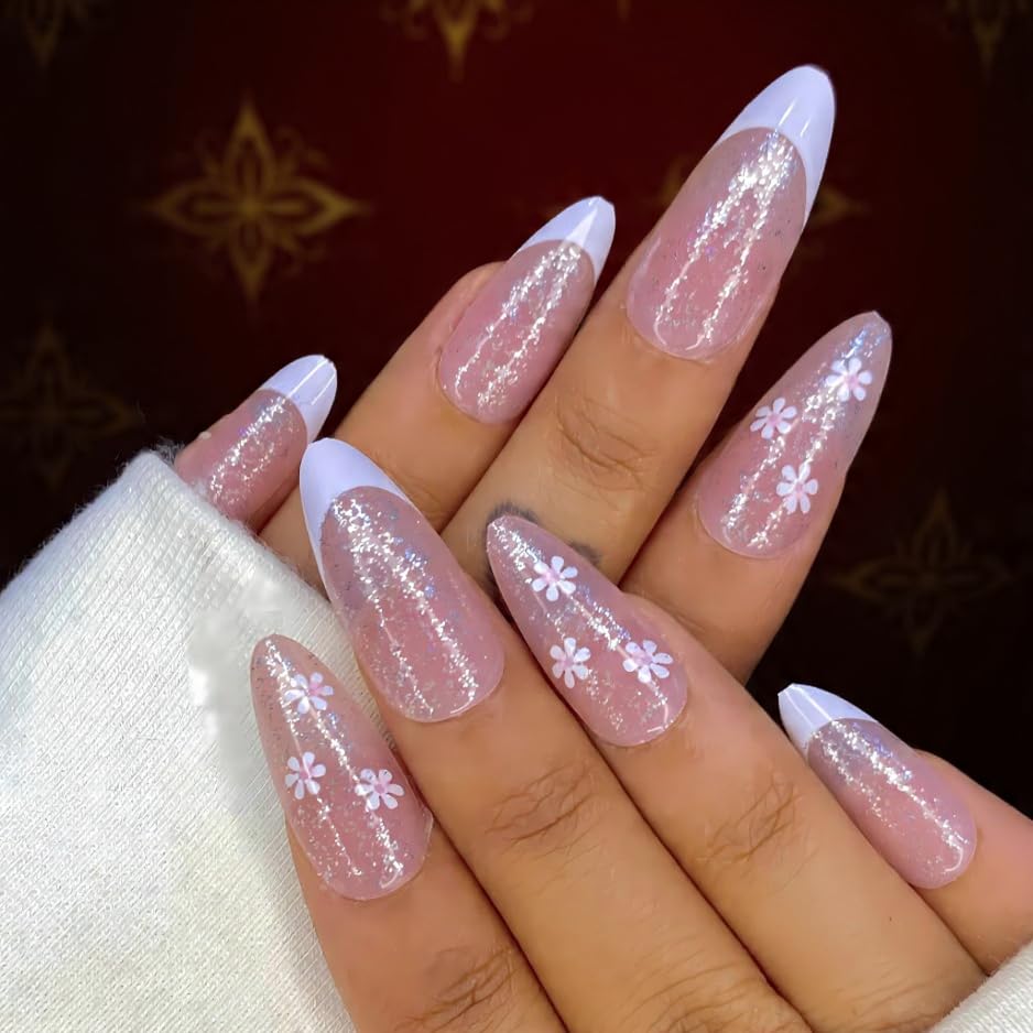 Image of 24 Pcs Reusable Artificial Nails Fake Nails with Glue and Kit|Daisies & Frost French tip with gloss Press On Nails | ABS Material UV Protected Long Lasting Finish | Reusable Customizable Nail Kit |Long Almond Nails