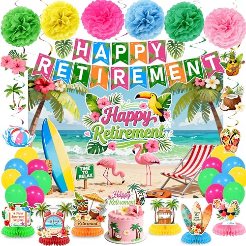 Image of Luau Hawaiian Retirement Party Decorations Tropical Happy Retirement Banner Backdrop with Honeycomb Pom Poms Centerpieces Hanging Swirls Beach Summer Retirement Party Supplies