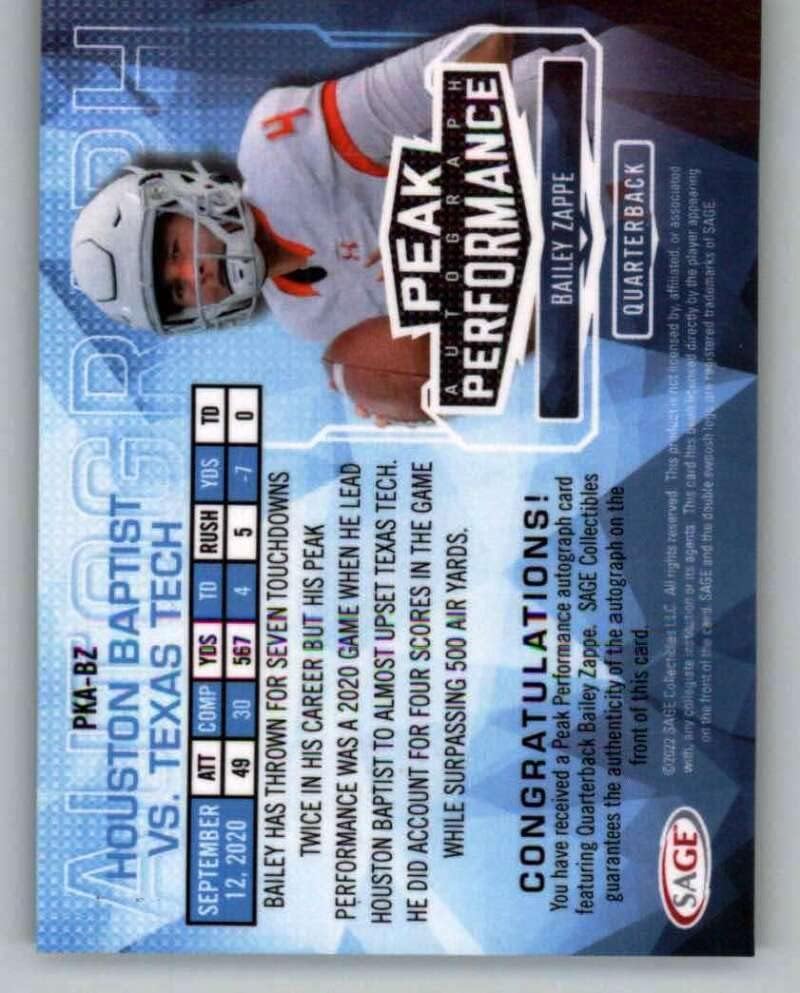 2022 Sage Low Series Peak Performance Autograph Red #PK-BZ Bailey Zappe RC AUTO Western Kentucky Hilltoppers Football Trading Card