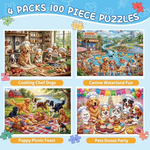 4 Packs de Rompecabezas de 100 Piezas para Niños de 4-6, 6-8 y 8-10 Años, Temas Perros, Parque Acuático, Fiesta de Pizza, Picnic de Cachorros y Fiesta de Postres miniatura 2
