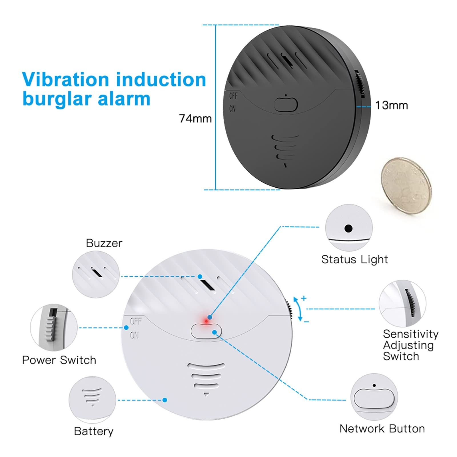 Kit Alarma Casa, Tuya Wifi Sensor de vibración Alarma Puerta del detector de vibración inalámbrica Suena for la seguridad del hogar Anti antihobt System(Ivory)