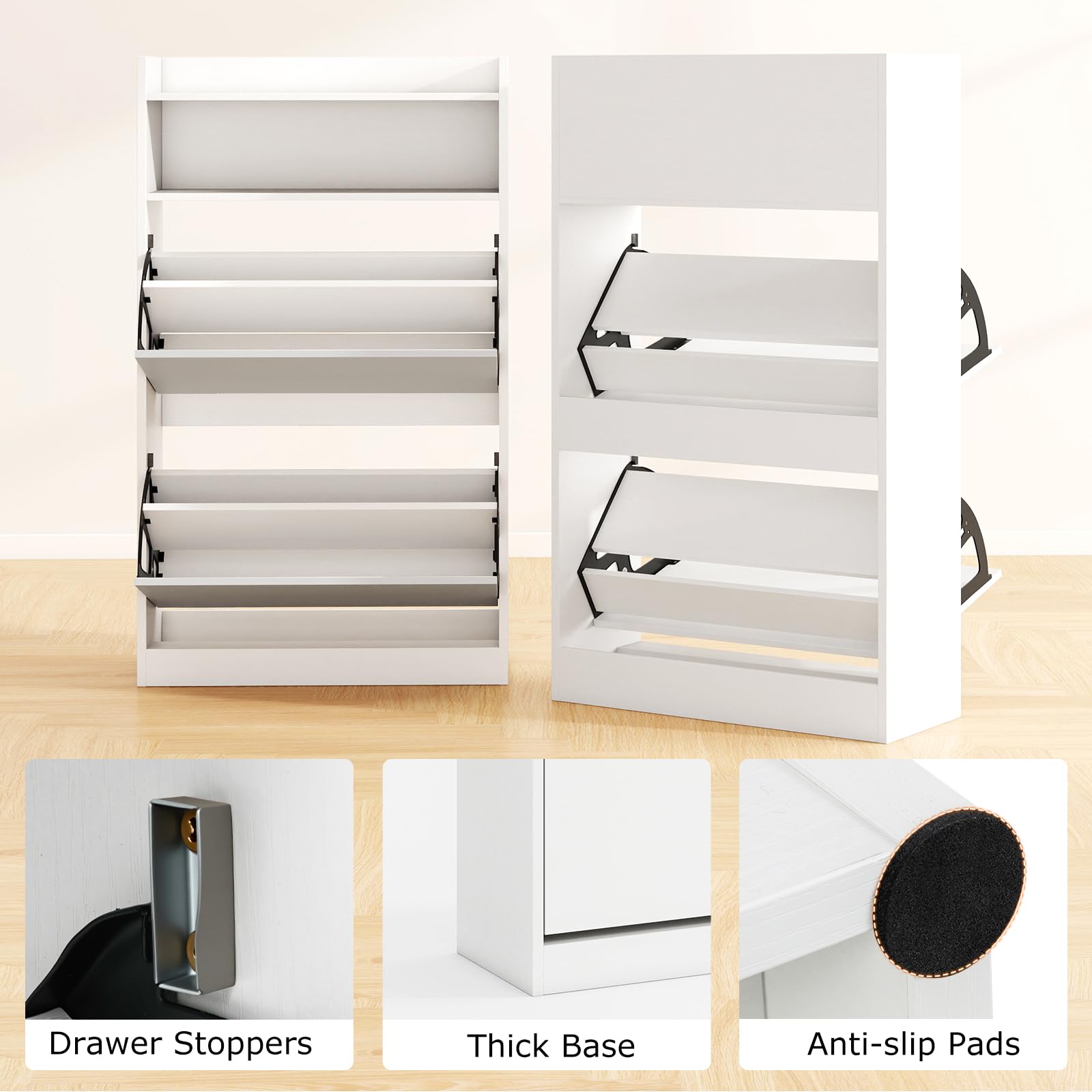 GIANTEX Zapatero de 4 Niveles con 2 Puertas Abatibles, Cada Solapa con 2 Estantes, 2 Estantes Abiertos Superiores, 60 x 24 x 102 cm, Zapatero Estrecho para Recibidor, Entrada (Blanco)